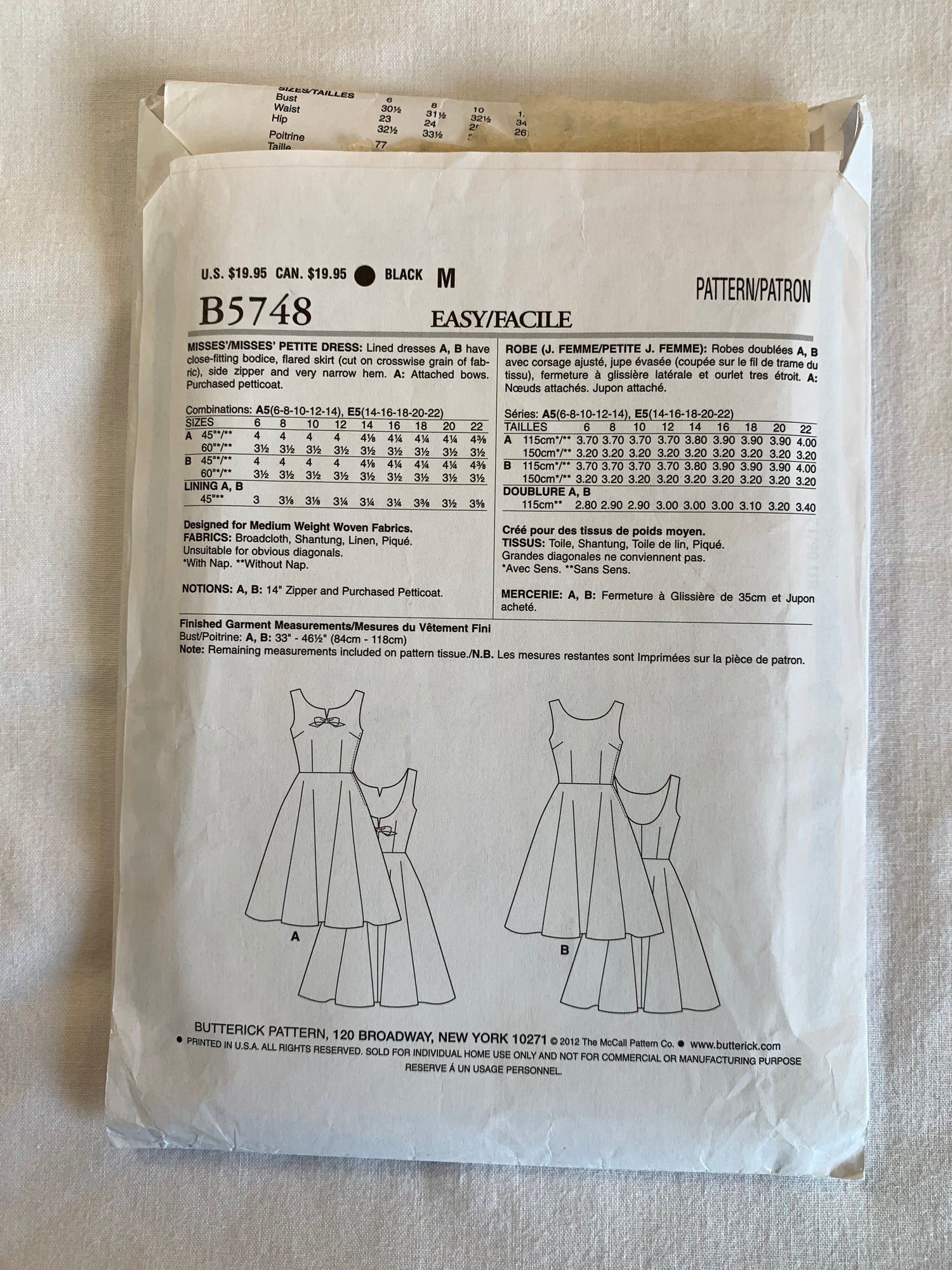 Butterick Sewing Pattern Retro 60' B5748 Misses'/Miss Petite Dress, Sleeveless, Lined, Full Skirt, Close Fitting, Side Zipper, Bows, Size 6-14, Cut, 2012