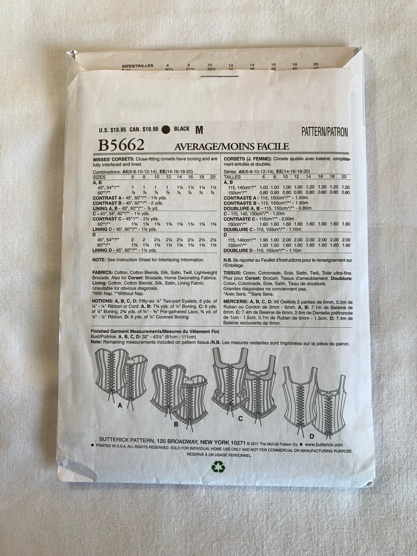 Butterick Sewing Pattern B5662 Misses' Corsets, Close-Fitting, Lace Front, Halter, Vest, 4 Variations, Shoulder Straps, Size 14-16, Cut, 2011
