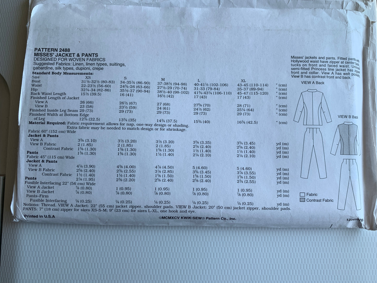 KWIK Sewing Pattern 2488 Misses' Pants, Hooded Jacket, Pockets, Zipper Front, 2 Variations, Size 31-45, Uncut, Vintage 1992