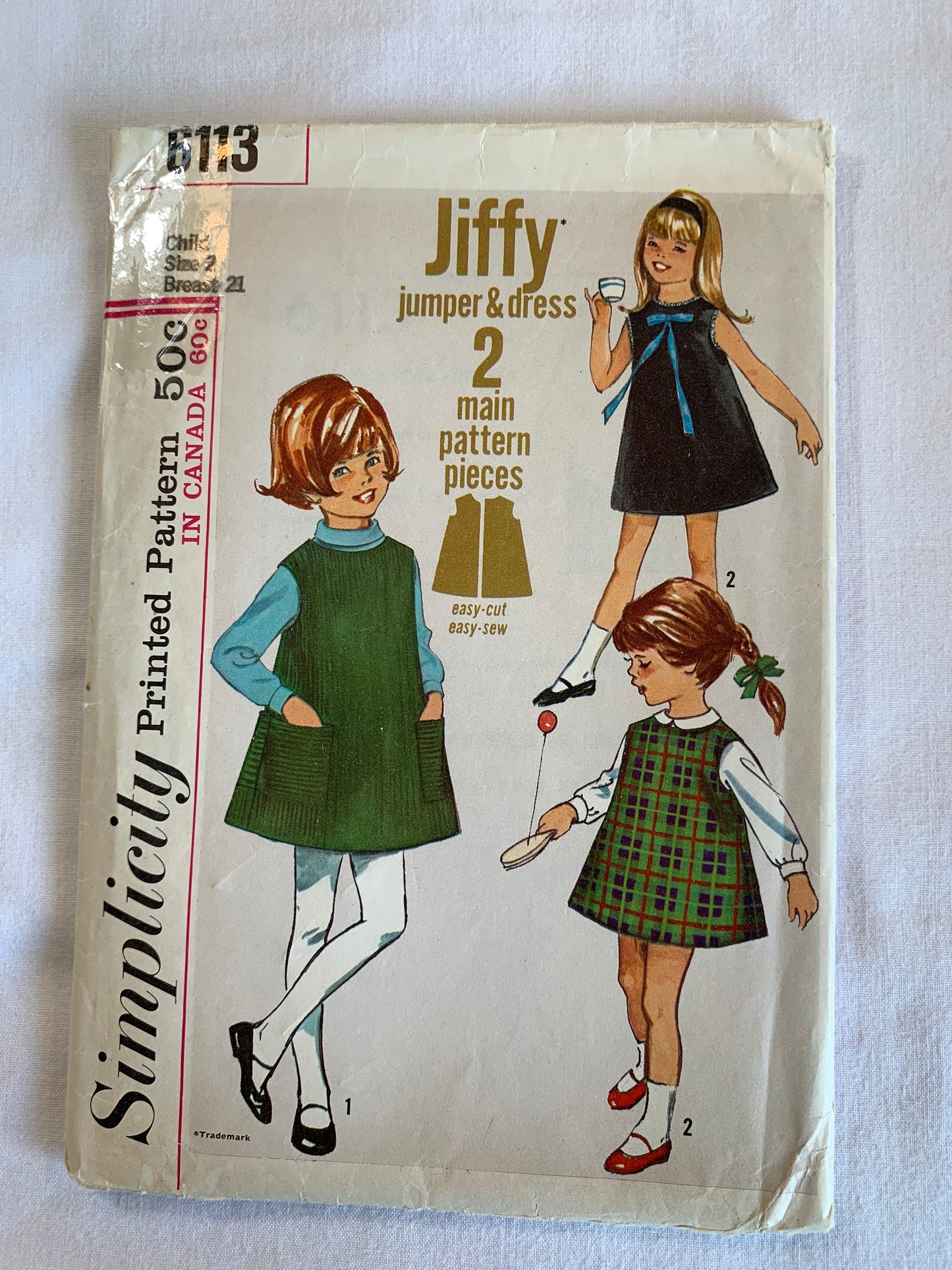 Simplicity Jiffy Sewing Pattern 6113 Toddlers' Dress, Jumper, Pockets, Zipper Back, Collarless, Sleeveless, Size 2, Cut, Vintage 1965