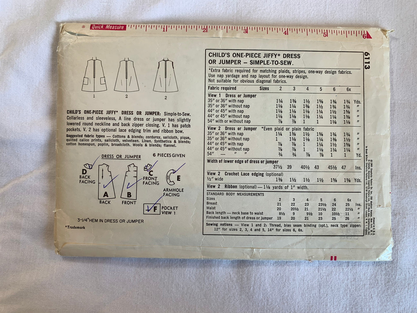 Simplicity Jiffy Sewing Pattern 6113 Toddlers' Dress, Jumper, Pockets, Zipper Back, Collarless, Sleeveless, Size 2, Cut, Vintage 1965