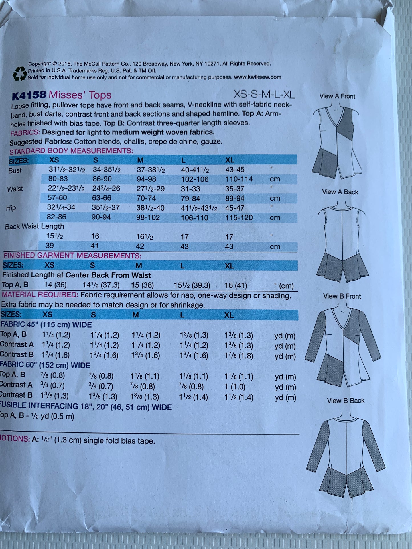 KWIK Sewing Pattern K4158 Misses' Tops, Pullover, Long/Short Sleeves, 2 Variations, Size 31-41, Uncut, 2016