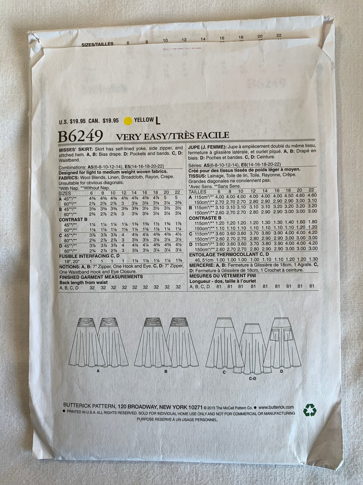 Butterick Sewing Pattern B6249 Misses' Skirts, 4 Variations, Pockets, Side Zipper, Full Skirt, Size 14-18, Cut, 2015