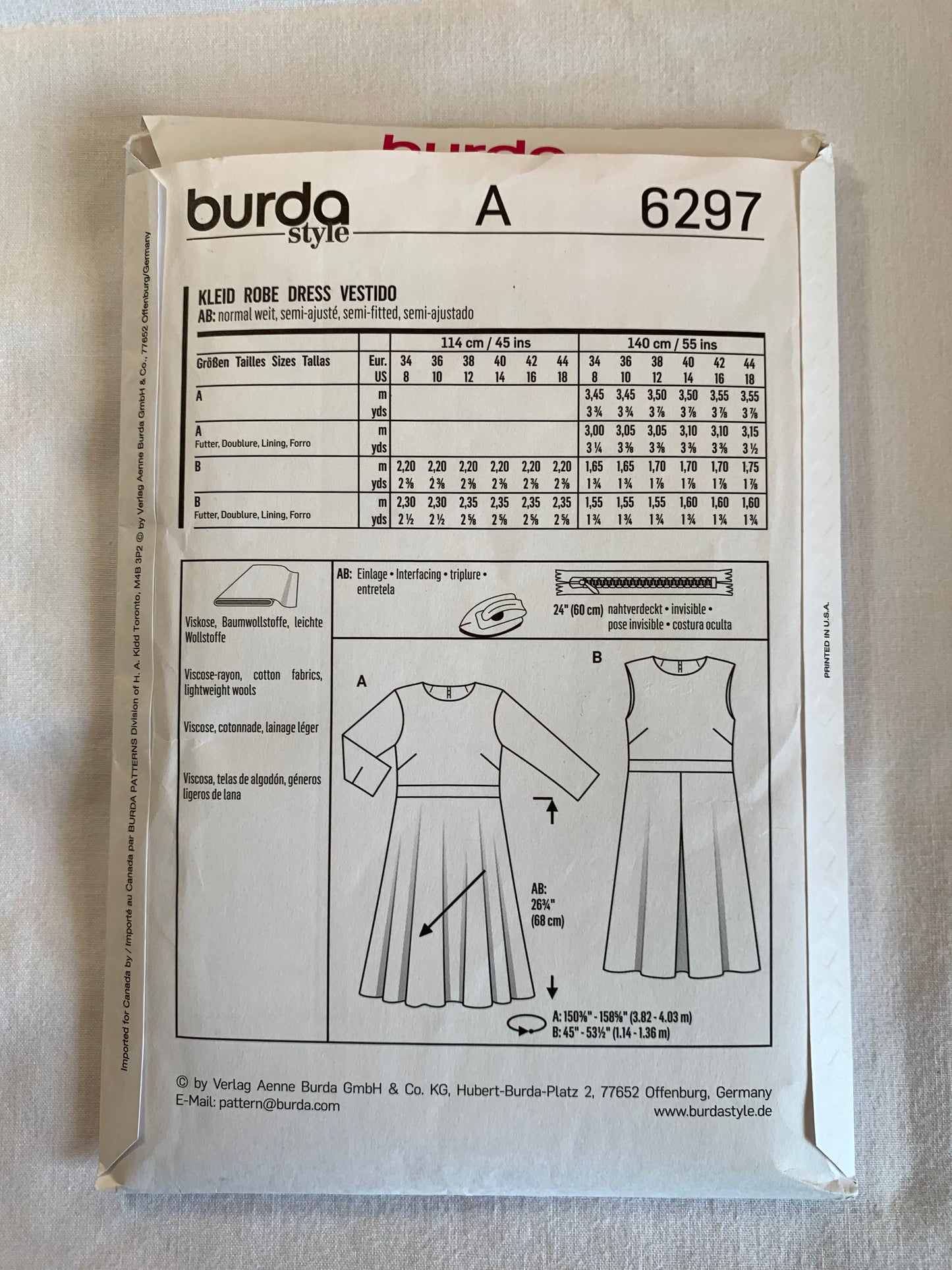 Burda Sewing Pattern 6297 Misses' Dress, Long Sleeves, Sleeveless, Semi- Fitted, Zipper Back, Size 8-18, Cut, 2017