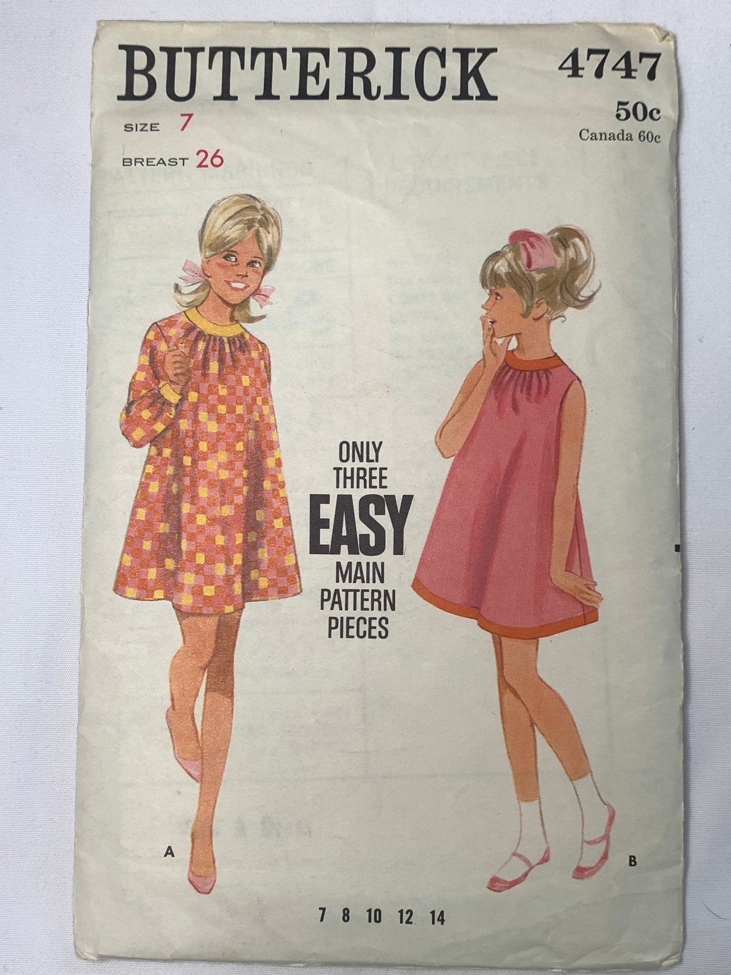 Butterick Sewing Pattern 4747 Girls' Dress, Long Sleeves, Zipper Back, Sleeveless, Size 7, Cut, Vintage 1960
