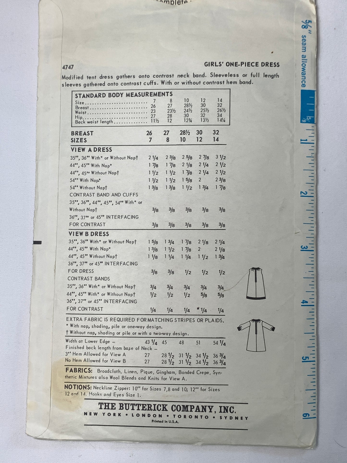 Butterick Sewing Pattern 4747 Girls' Dress, Long Sleeves, Zipper Back, Sleeveless, Size 7, Cut, Vintage 1960