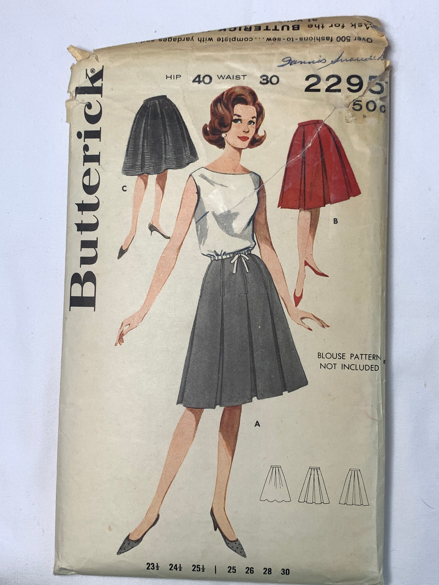 Butterick Sewing Pattern 2295 Misses' Box Pleated Skirt, Side Zipper, Waist 30, Cut, Vintage 1950