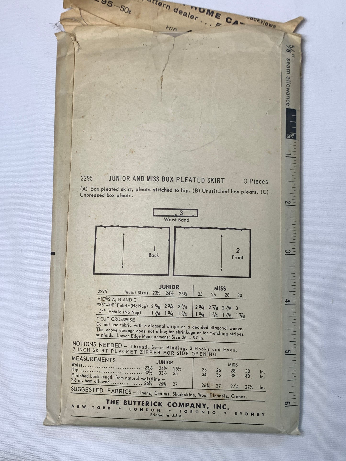 Butterick Sewing Pattern 2295 Misses' Box Pleated Skirt, Side Zipper, Waist 30, Cut, Vintage 1950