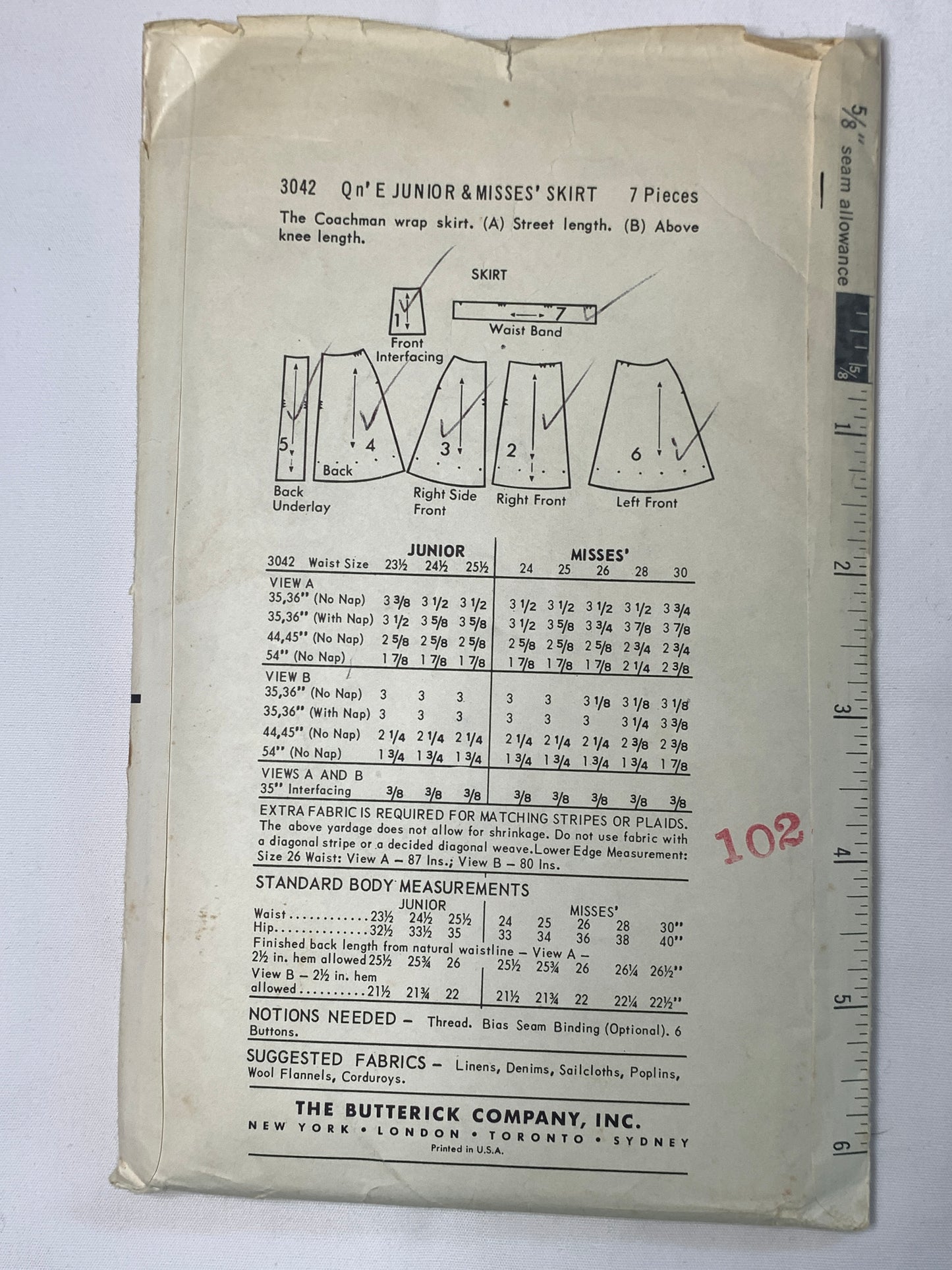 Butterick Sewing Pattern 3042 Misses'/Junior Wrap Skirt, Waist 28, Cut, Vintage 1950
