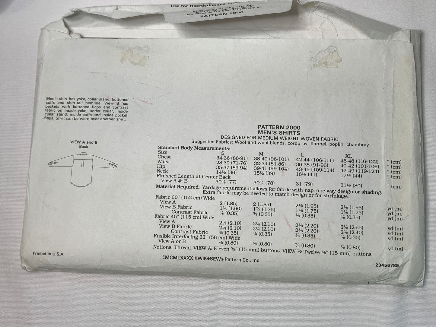 KWIK Sewing Pattern 3506 Men's Shirt, Long Sleeves, Button/Snap Front, Collar, Size 34-48, Cut, Vintage 1984
