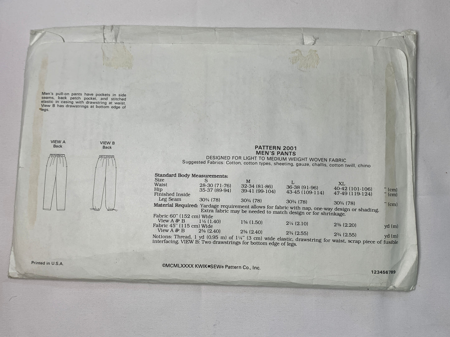 Kwik Kerstin Martensson Sewing Pattern 2001 Men's Pants, Pull-On, Elastic Waist, Pockets, Drawstrings, Size 28-42, Cut, Vintage 1994