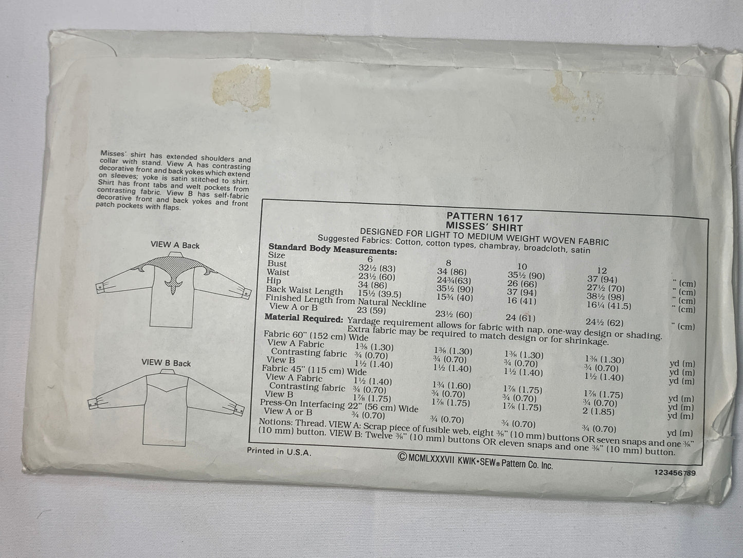 KWIK Sewing Pattern 1617 Misses' Shirts, Button Front, Pockets, Long Sleeves, Collar, Size 32-37 Uncut, Vintage 1999