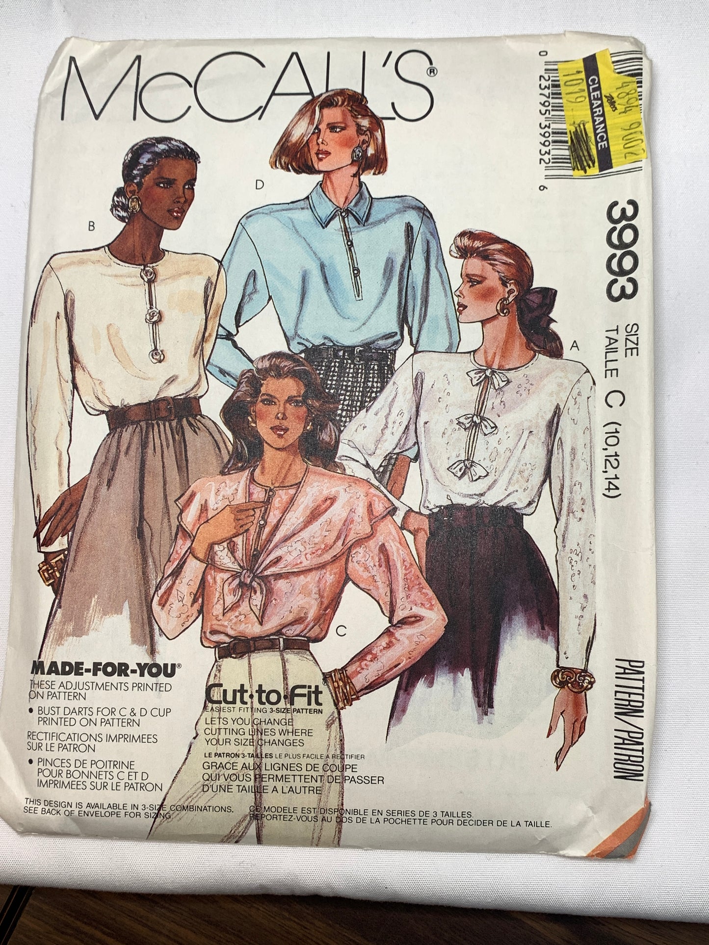 McCall's Sewing Pattern 3993 Misses' Blouse, 4 Variations, Long Sleeves, Button Front, Size 10-14, Uncut, Vintage 1989