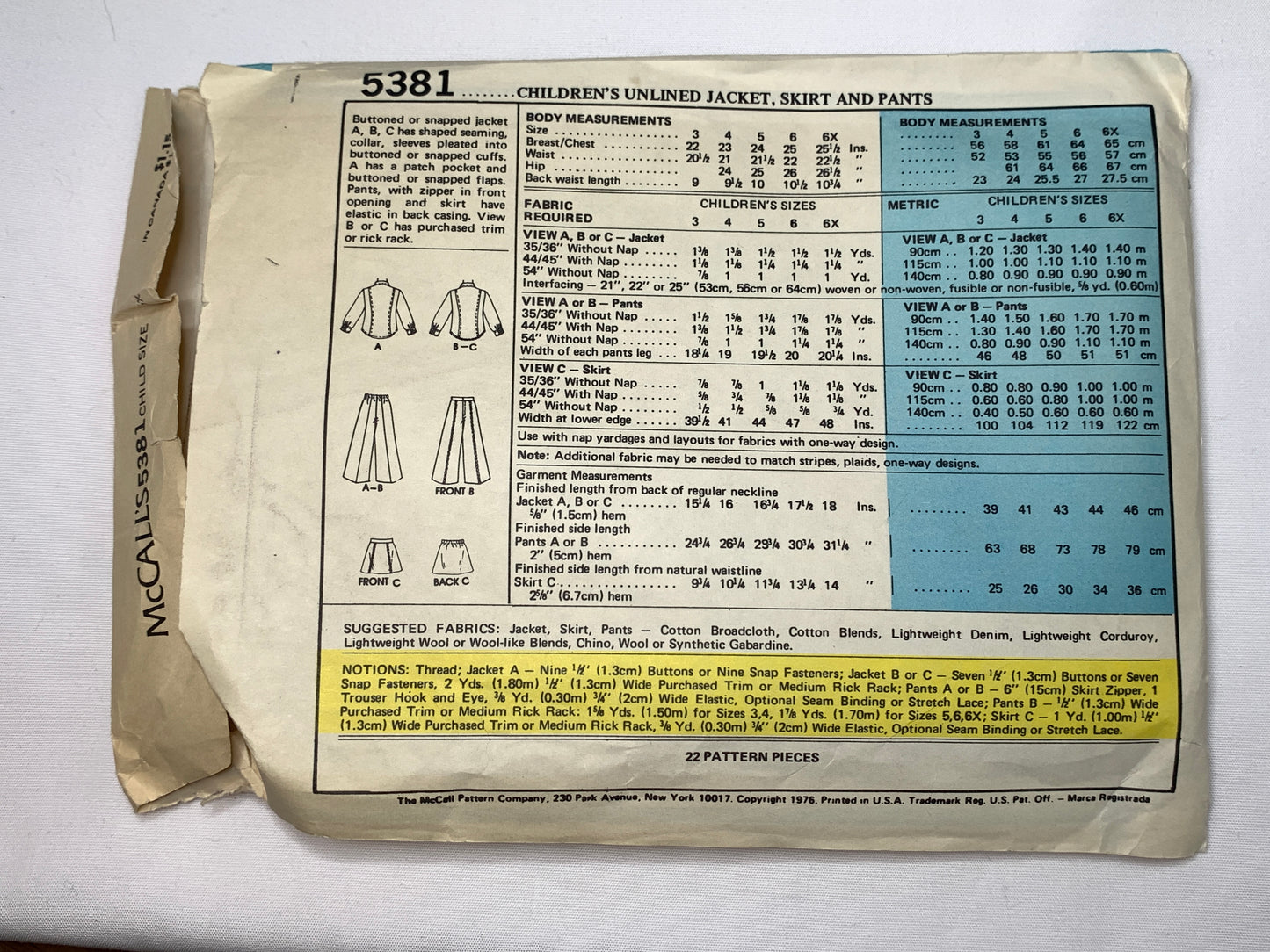 McCall's Sewing Pattern 5381 Boy's/Girls' Unlined Jacket, Pants, Skirt, Long Sleeves, Zipper Front, Pockets, Size 6x, Cut, Vintage 1976