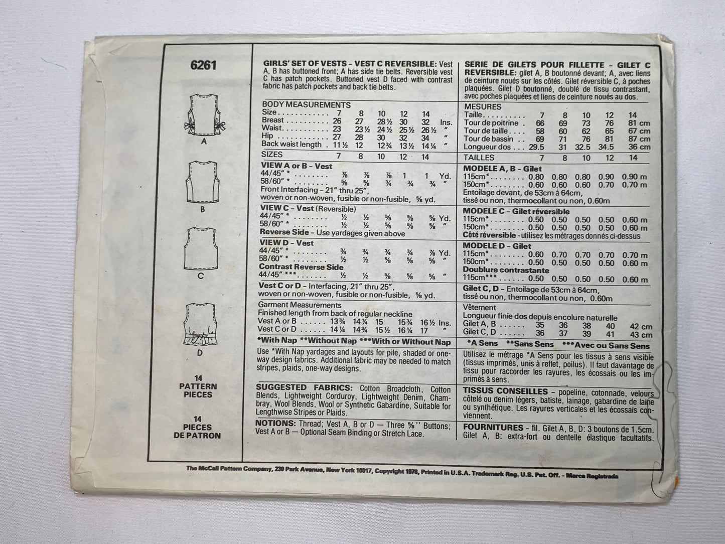 McCall's Sewing Pattern 6260 Girls' Vest, 4 Variations, Sleeveless, Button Front, Tie Belts, Pockets, Size 7, Cut, Vintage 1978