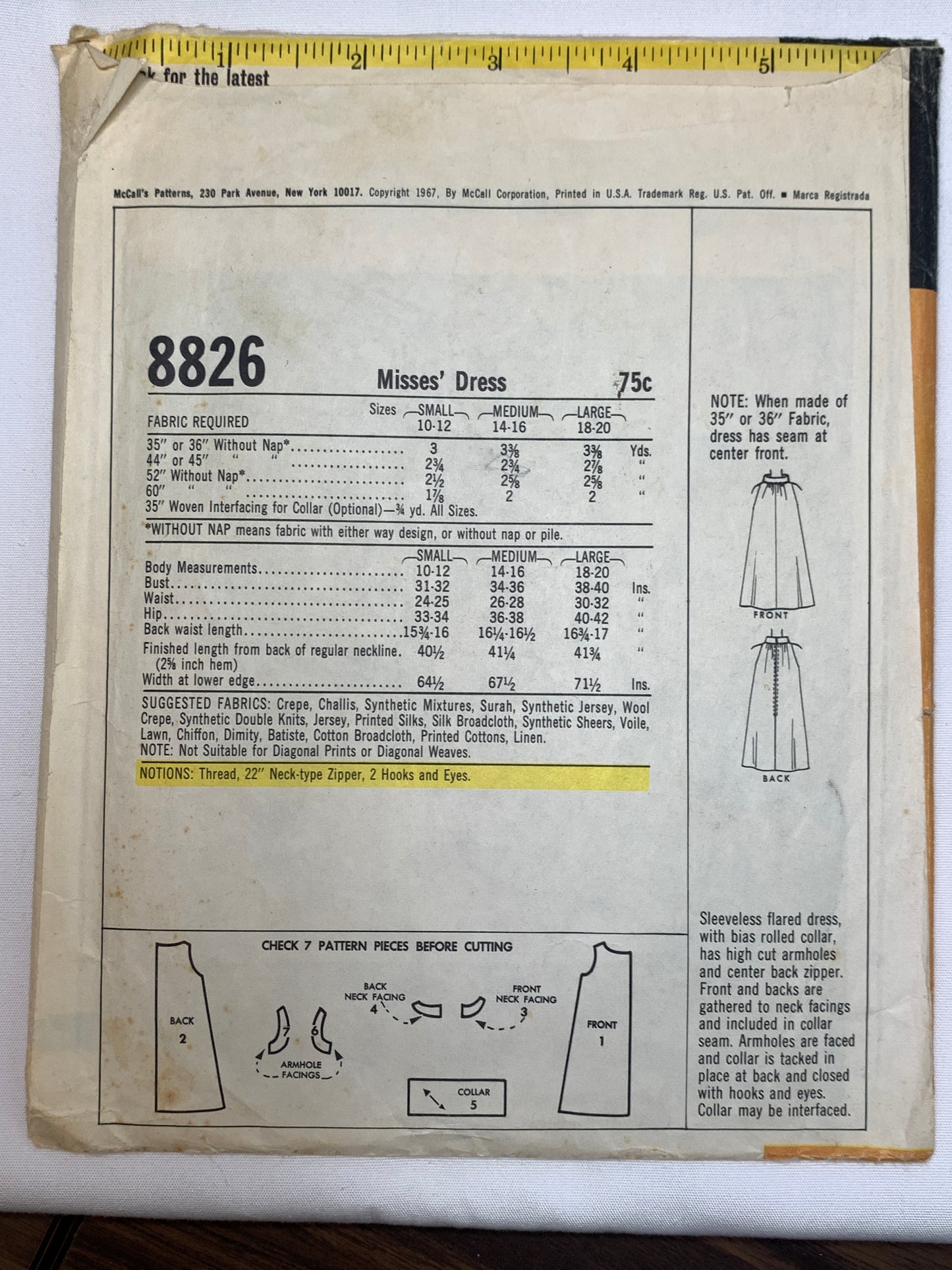 McCall's Sewing Pattern 8826 Misses' Dresses, 2 Variations, Zipper Back, Sleeveless, Size 14-16, Cut, Vintage 1967
