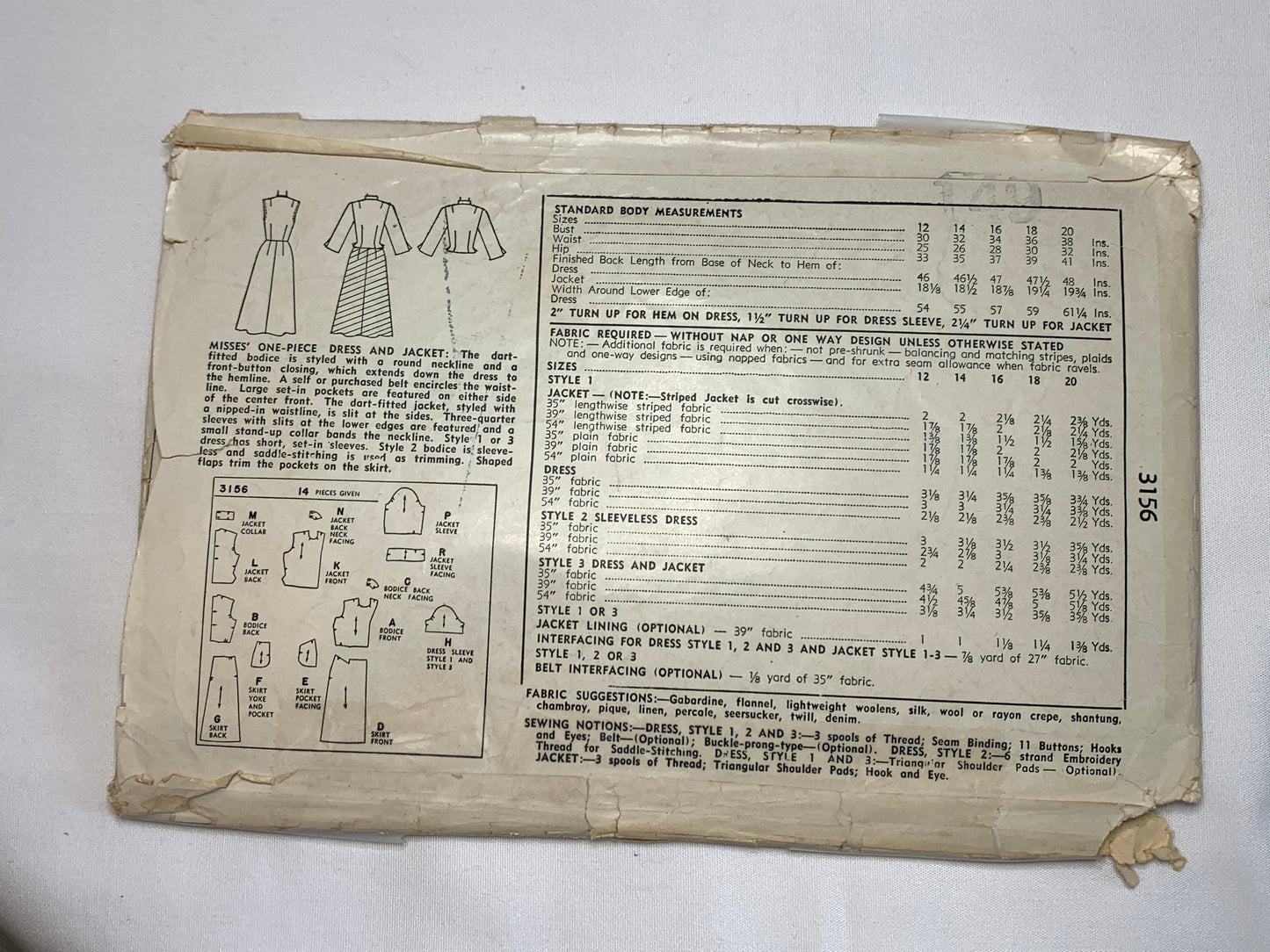 Simplicity Sewing Pattern 3156 Misses' One Piece Dress, Jacket, Long Sleeves, Sleeveless, Button Front, Pockets, Size 16, Cut, Vintage 1950