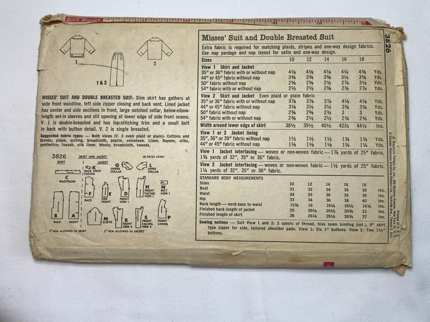 Simplicity Sewing Pattern 3826 Misses' Suit, Double Breasted, Skirt, Lined Jacket, Side Zipper, Back Belt, Size 16, Cut, Vintage 1950