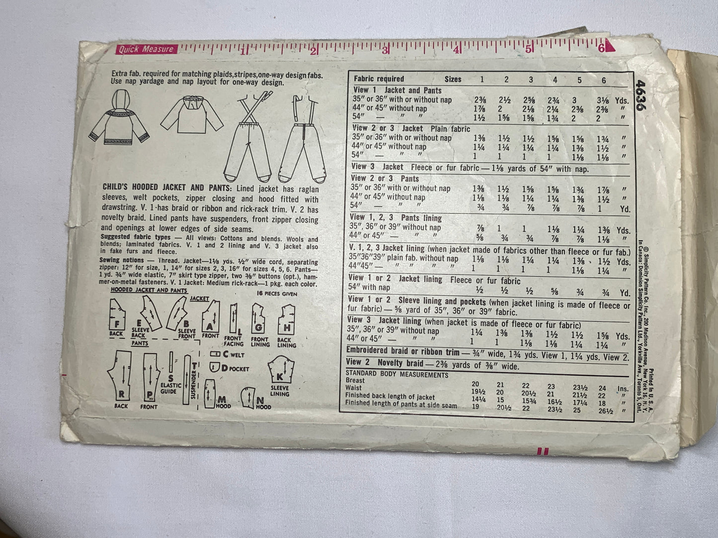 Simplicity Sewing Pattern 4636 Child's Hooded Jacket, Pants, Elastic Waist, Long Sleeves, Suspenders, Zipper Front, Size 2, Cut, Vintage 1964