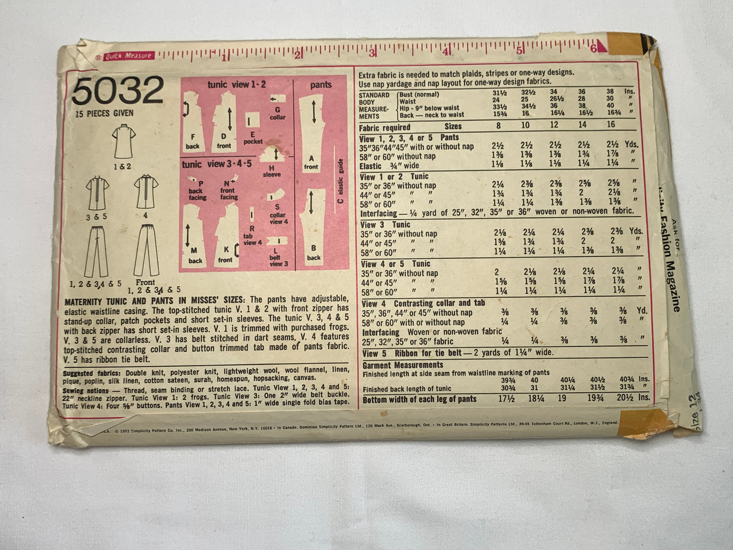 Simplicity Sewing Pattern 5032 Misses' Maternity Tunic, Pants, Pockets, Zipper back, Size 12, Cut, 1972