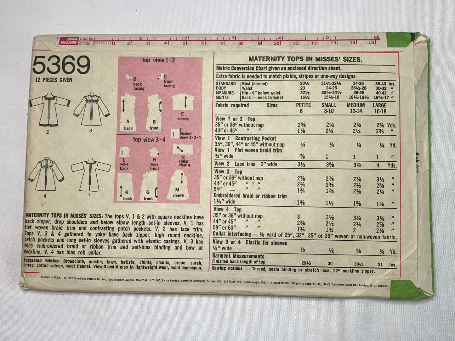 Simplicity Sewing Pattern 5369 Misses' Maternity Tops, Long Sleeves, Zipper Back, Pockets, Size 8-10, Uncut, Vintage 1972