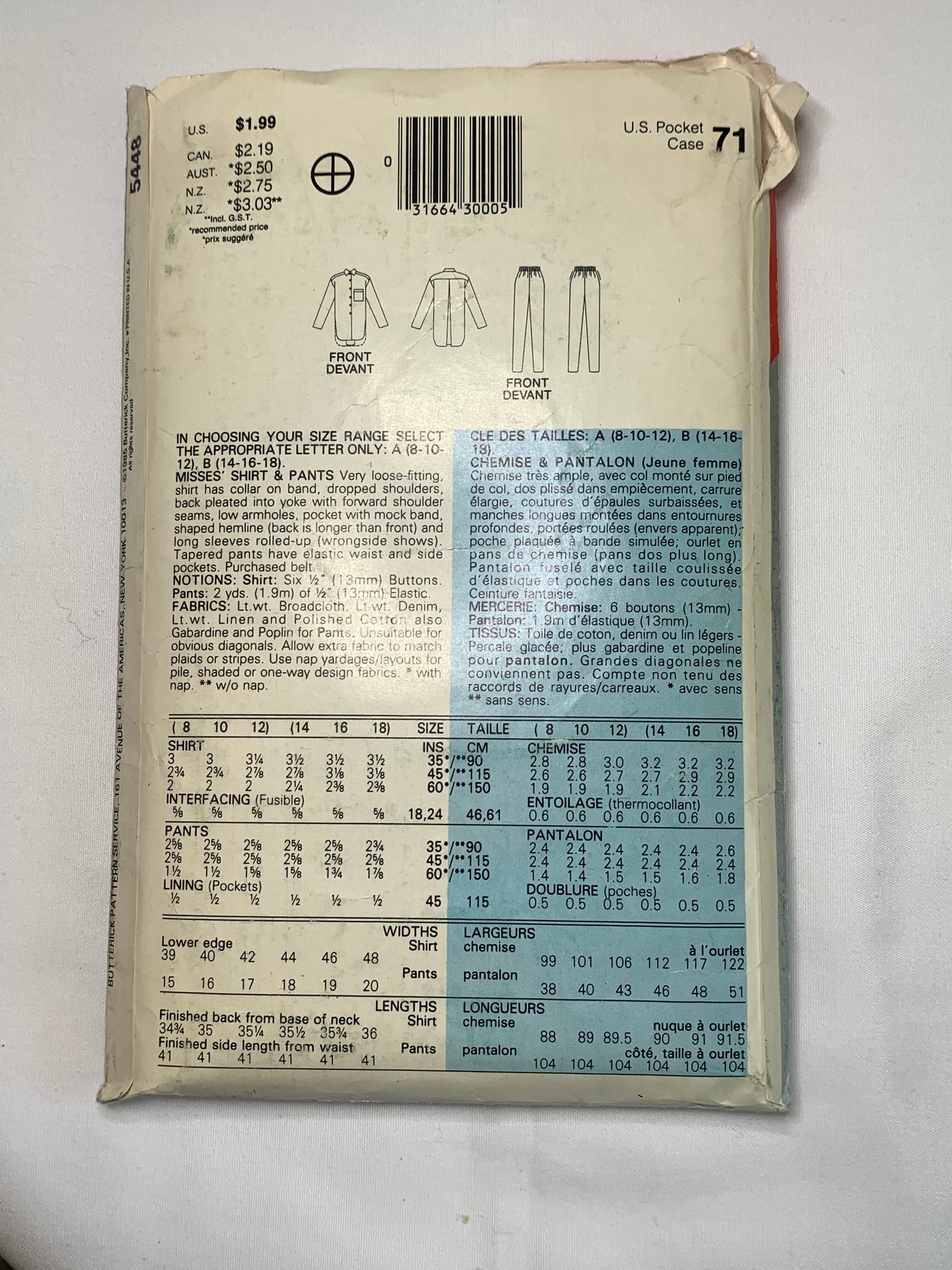 Butterick See & Sew Sewing Pattern 5448 Misses' Shirt, Pants, Loose-Fitting, Pocket, Button Front, Elastic Waist, Size 14-18, Cut, Vintage 1985