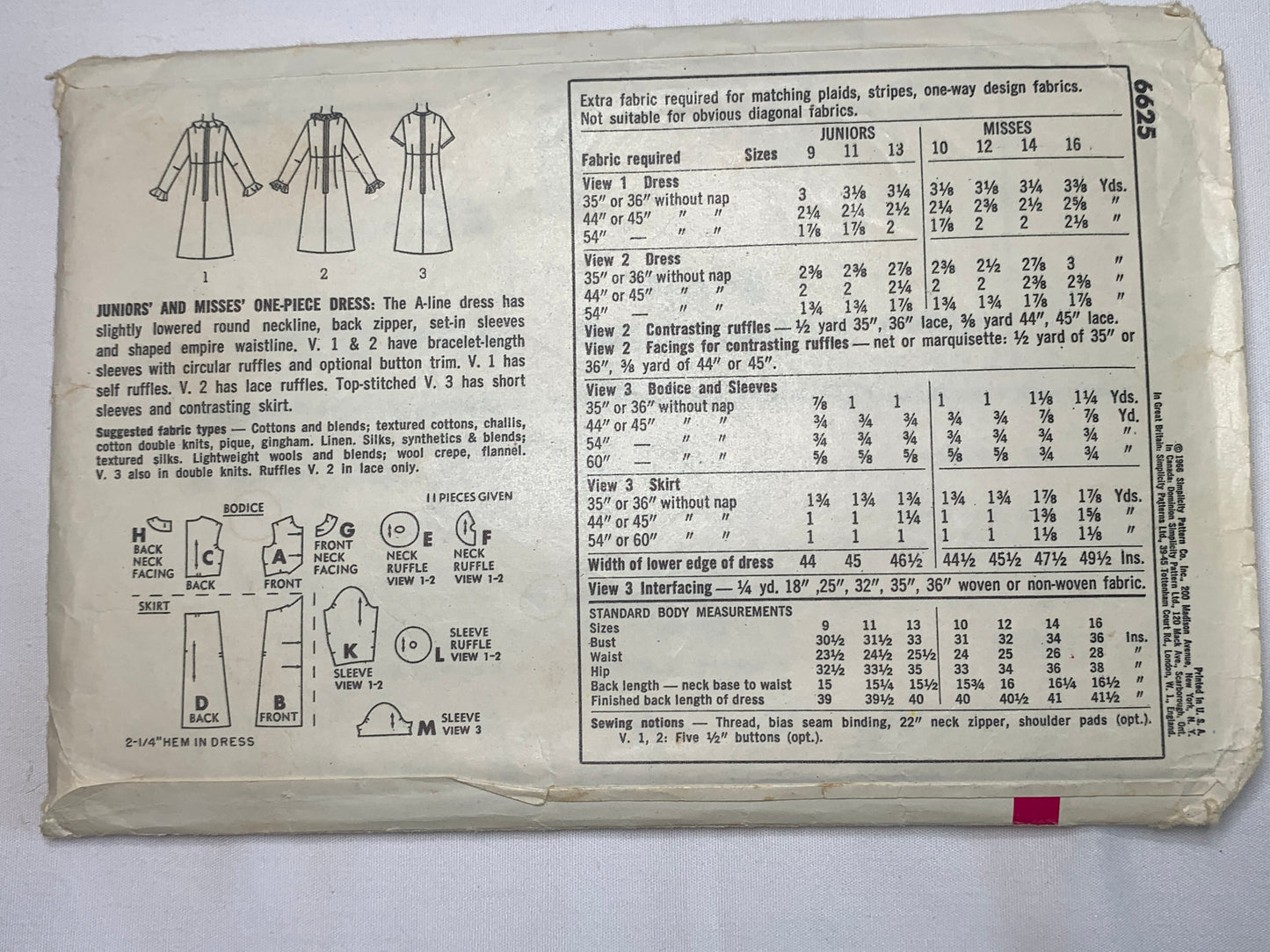 Simplicity Sewing Pattern 6625 Misses' One-Piece Dress, A-Line, Zipper Back, Empire Waistline, Ruffles, Size 9, Cut, Vintage 1968