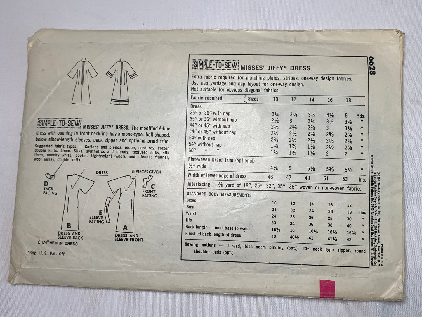 Simplicity Sewing Pattern 6628 Misses' Jiffy Dresses, Zipper Back, Shoulder Pads, Kimono Elbow Sleeves, Size 16, Cut, Vintage 1966