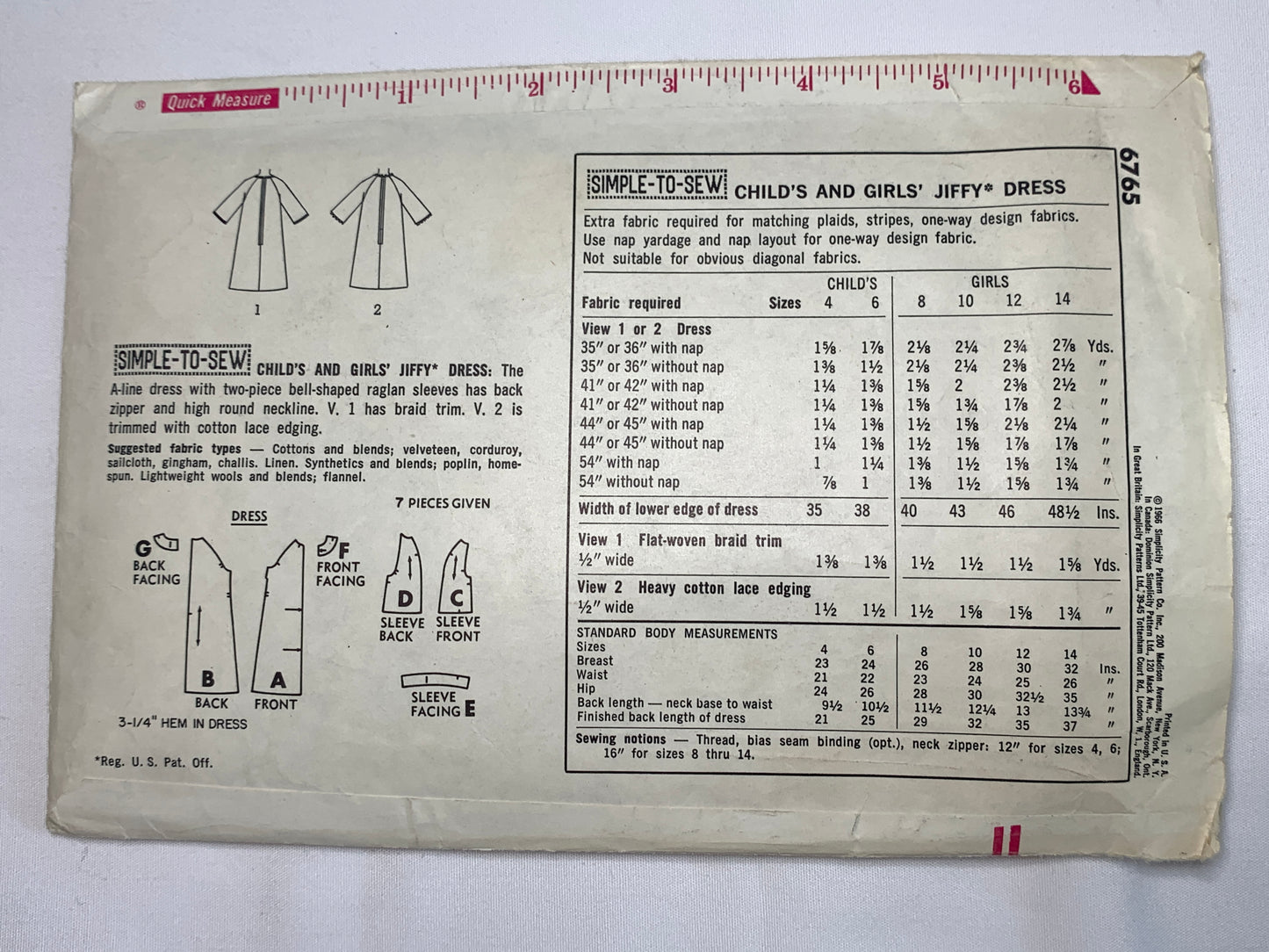 Simplicity Jiffy Sewing Pattern 6765 Girls' Dress, Zipper Back, Collarless, Long Raglan Sleeves, A-Line, Size 8, Cut, Vintage 1966