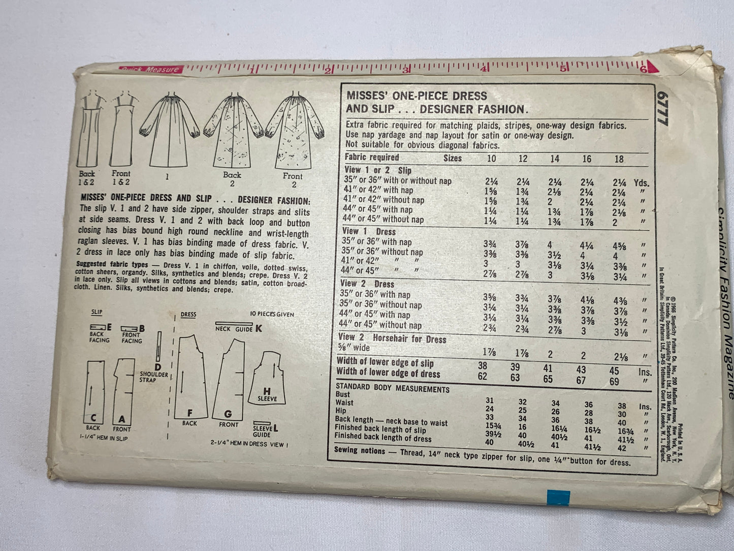 Simplicity Sewing Pattern 6777 Misses' Dresses, Slip, Side Zipper, Shoulder Straps, Slits, Size 14, Cut, Vintage 1966