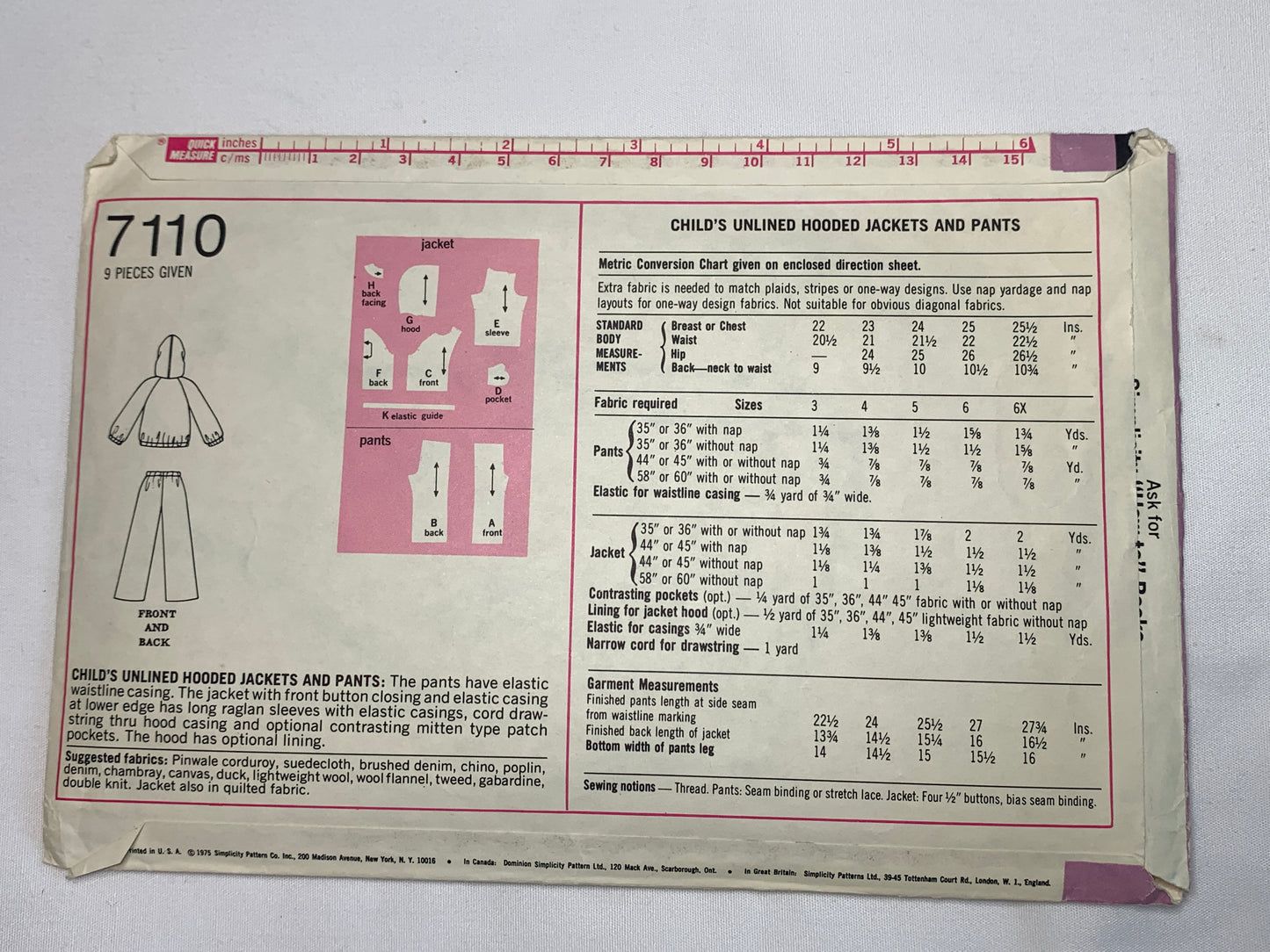 Simplicity Sewing Pattern 7110 Child's/Boys'/Girls' Unlined Hooded Jacket, Pants, Button Front, Elastic Waist, Size 4, Cut, Vintage 1974