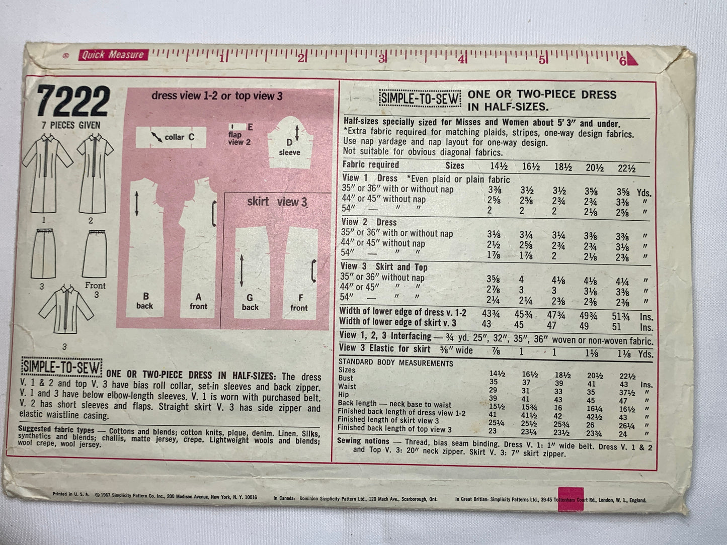 Simplicity Sewing Pattern 7222 Misses' Two-Piece Dress, Collar, Top, Skirt, Side Zipper, Back Zipper, Size 14 1/2, Cut, Vintage 1967