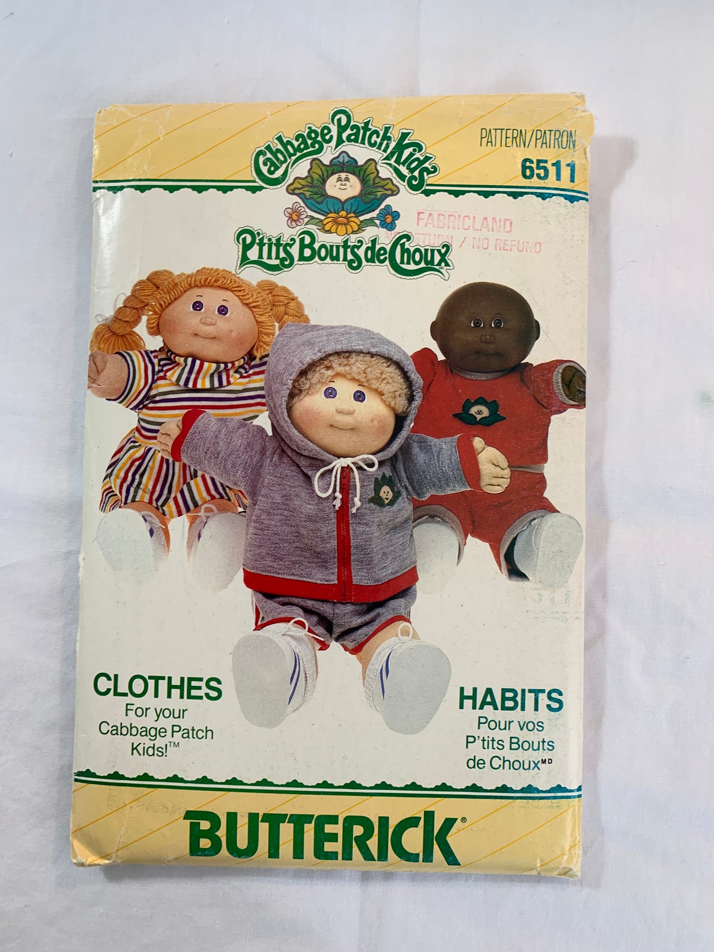 Butterick Sewing Pattern 6511 Cabbage Patch Doll Clothes, Hooded Jacket, Shorts, Pull-On, Zipper Front, Top, Pants, Dress, 16" Doll, Uncut, Vintage 1986