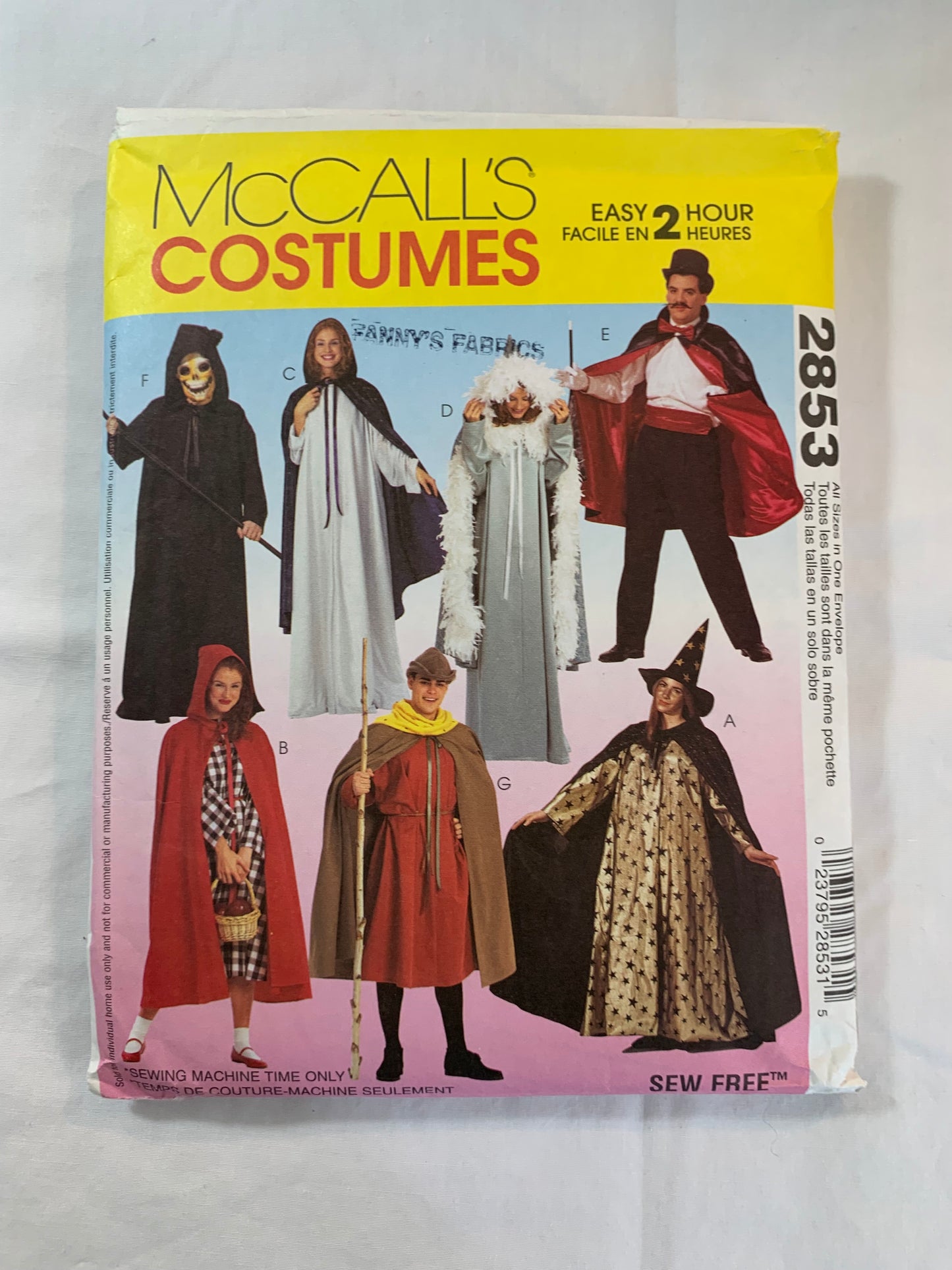 McCall's Sewing Pattern 2853 Misses'/Mens' Costume, Halloween, Witch, Ghoul, Red Riding Hood, Robin Hood, Magician, Skeleton, Maid Marian, Cape, Hood, Hat, Size 31-44, Uncut, 2000