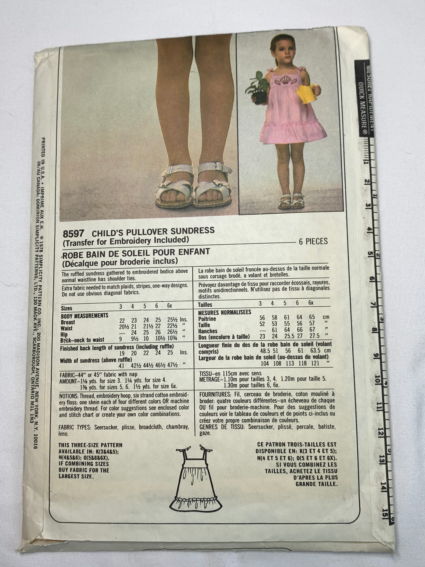 Simplicity Sewing Pattern 8597 Girls' SunDress, Sleeveless, Size 4-6, Cut, Vintage 1978