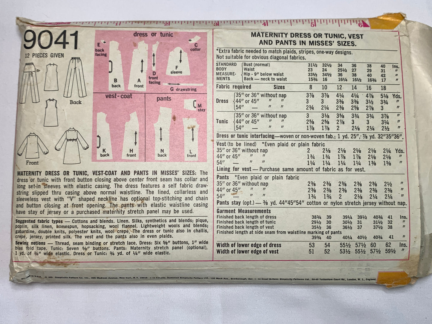 Simplicity Sewing Pattern 9041 Misses' Maternity Dress, Tunic, Vest-Coat, Pants, Button Front, Elastic Waist, Long Sleeves, Size 12, Uncut, Vintage 1970