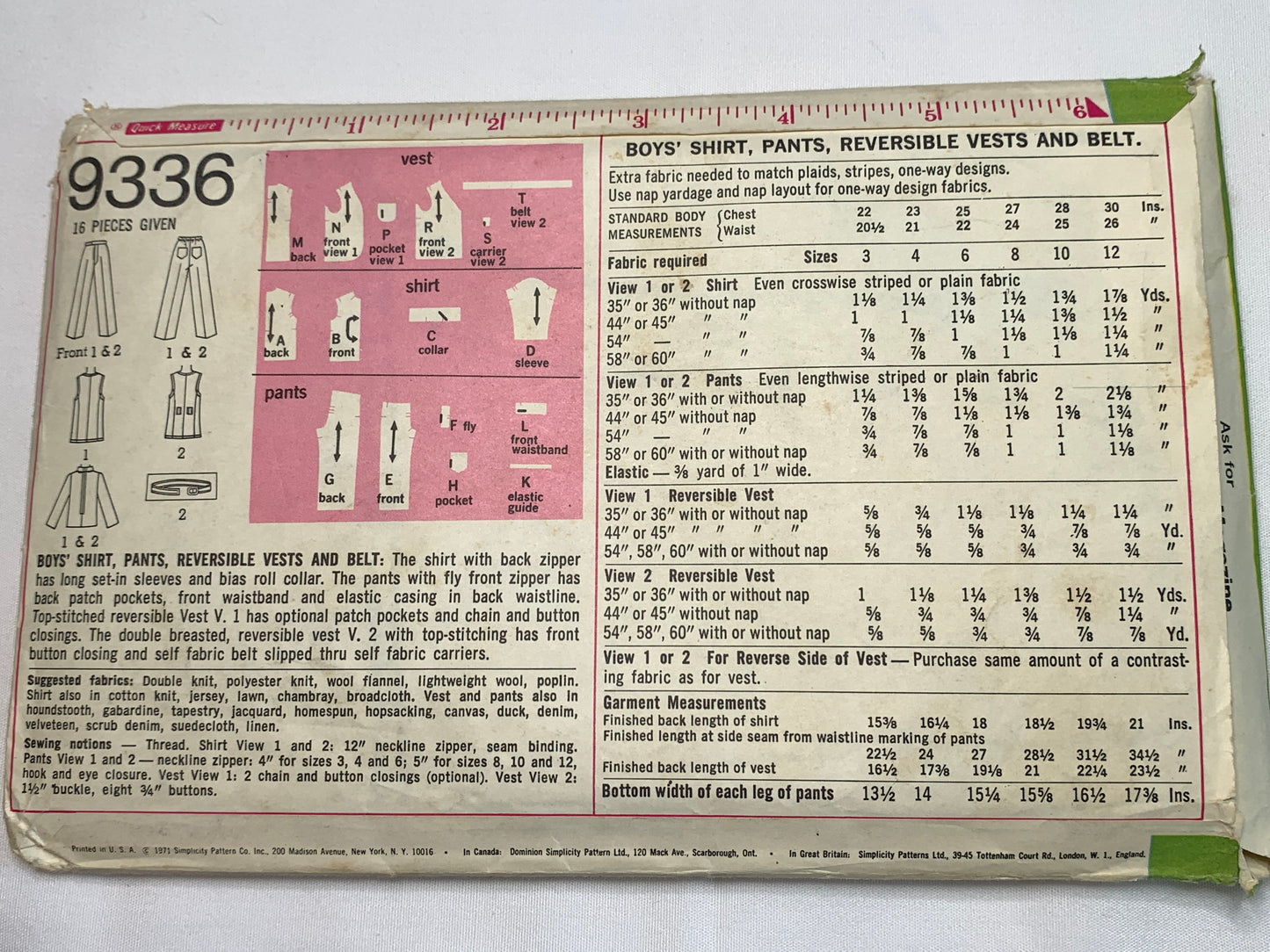 Simplicity Sewing Pattern 9336 Boys' Pants, Shirt, Reversible Vest, Belt, Pocket, Button Front, Size 8, Cut, Vintage 1971