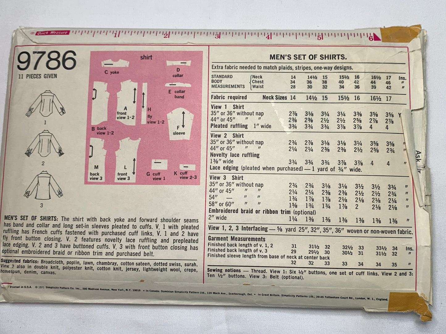 Simplicity Sewing Pattern 9786 Men's, Shirts, Long Sleeves, Collar, Button Front, Cuffs, Size 14 1/2, Cut, Vintage 1971