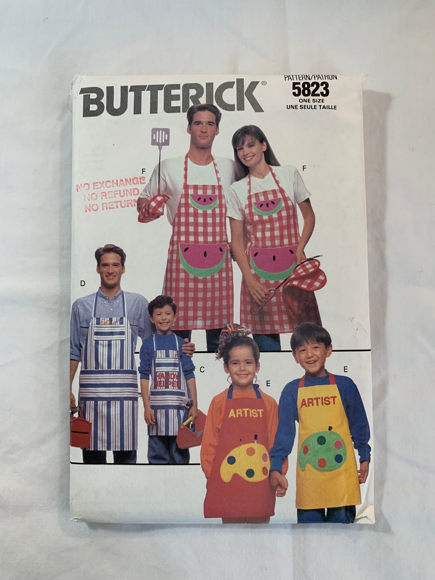 Butterick Sewing Pattern 5823 Misses'/Men's/Childrens' Aprons, Pockets, Over The Head, Chef Hats, Cooking MItt, Pot Holder, Adult XS-XL, Children 4-10, Uncut, Vintage 1991