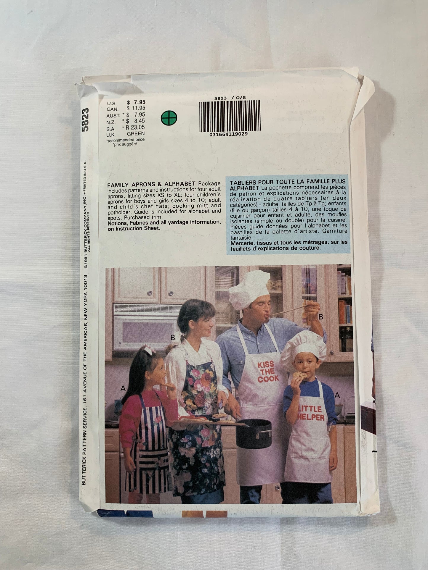 Butterick Sewing Pattern 5823 Misses'/Men's/Childrens' Aprons, Pockets, Over The Head, Chef Hats, Cooking MItt, Pot Holder, Adult XS-XL, Children 4-10, Uncut, Vintage 1991