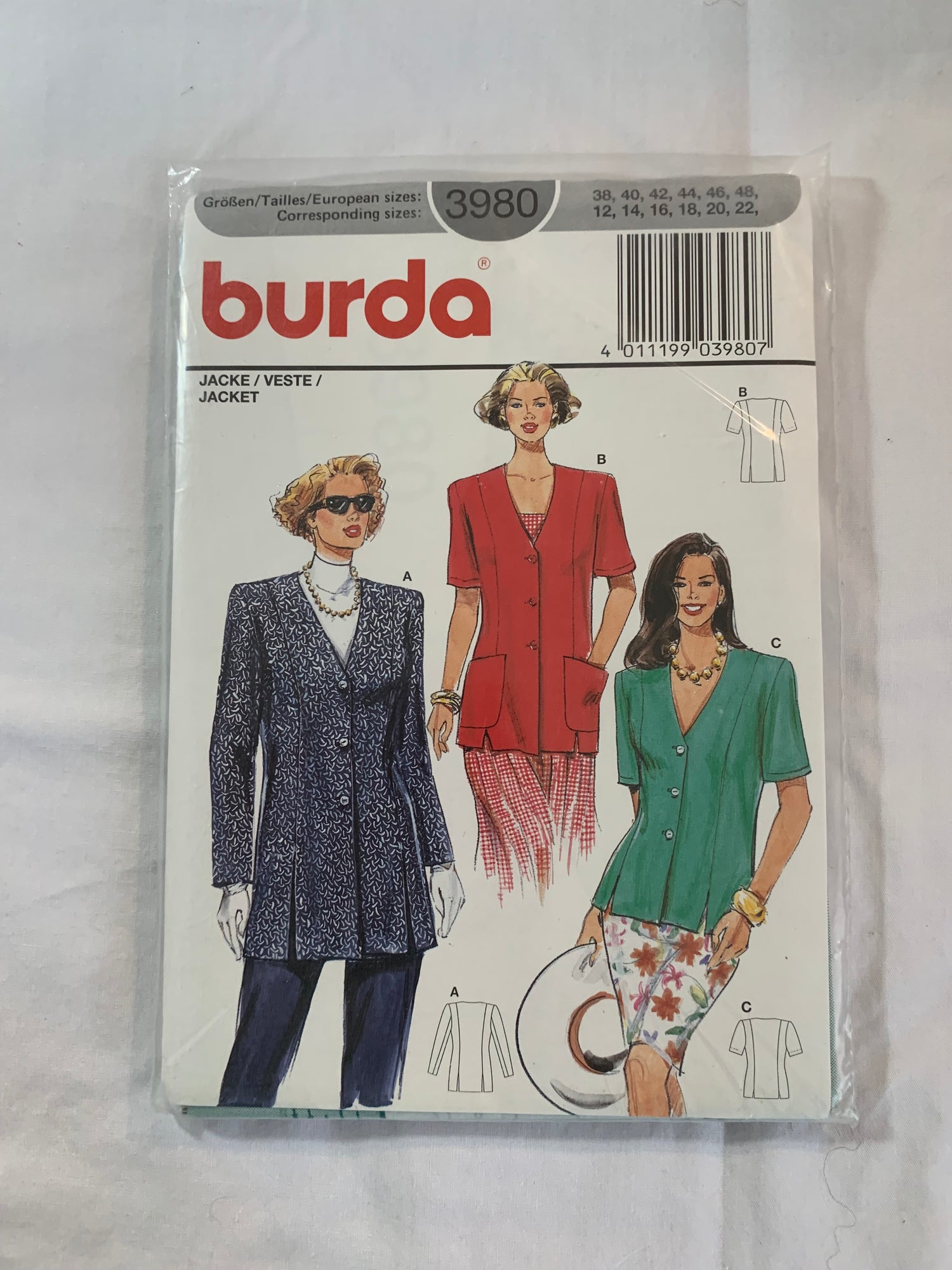 Burda Sewing Pattern 3980 Misses' Jacket, Long/Short Sleeves, Shoulder Pads, Button Front Pockets, Loose-Fitting, Size 12-22, Uncut, 2000