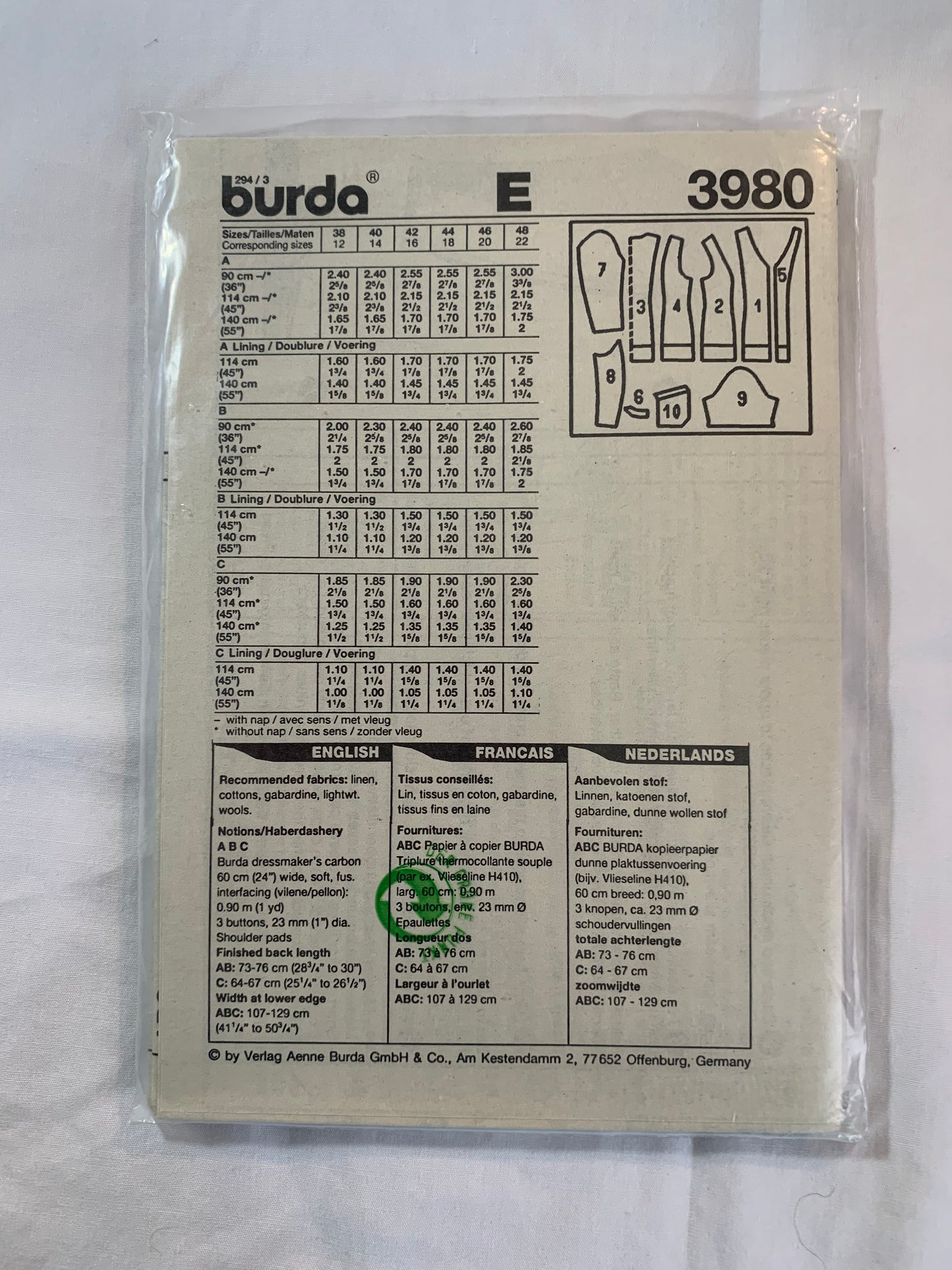 Burda Sewing Pattern 3980 Misses' Jacket, Long/Short Sleeves, Shoulder Pads, Button Front Pockets, Loose-Fitting, Size 12-22, Uncut, 2000