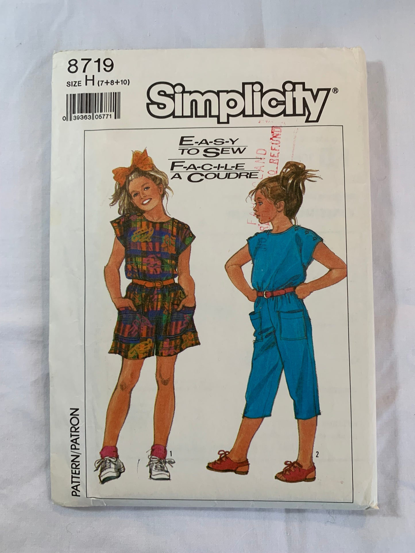 Simplicity Sewing Pattern 8719 Girls' Jumpsuit, Two Lengths, Elastic Waist, Pockets, Cap Sleeves, Size 7-10, Uncut, Vintage 1988