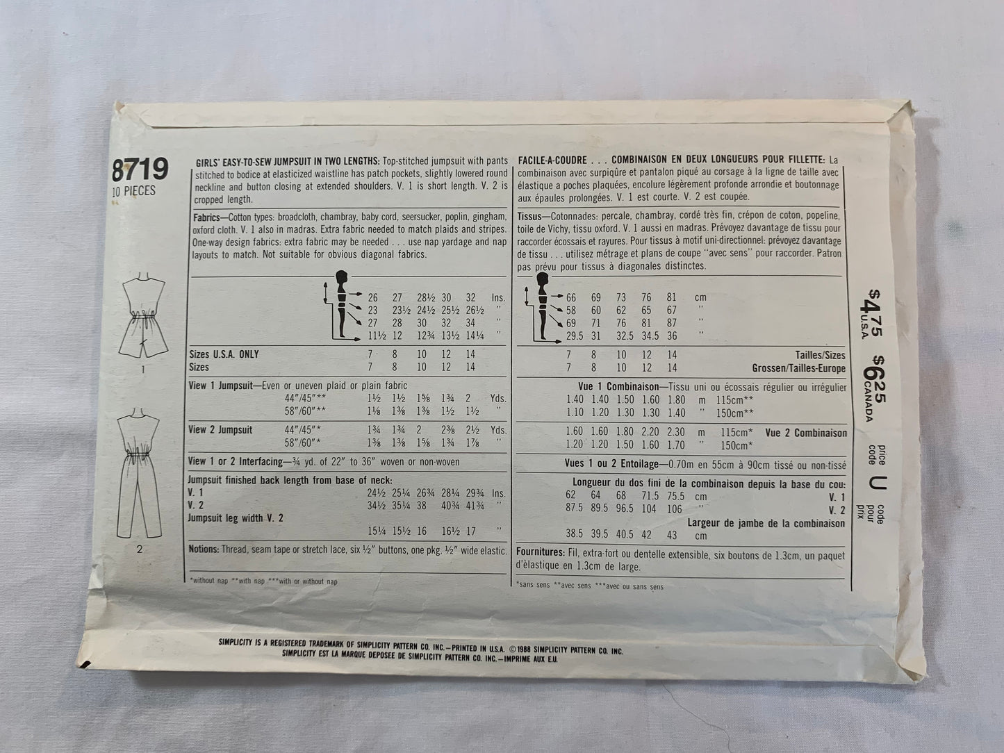 Simplicity Sewing Pattern 8719 Girls' Jumpsuit, Two Lengths, Elastic Waist, Pockets, Cap Sleeves, Size 7-10, Uncut, Vintage 1988