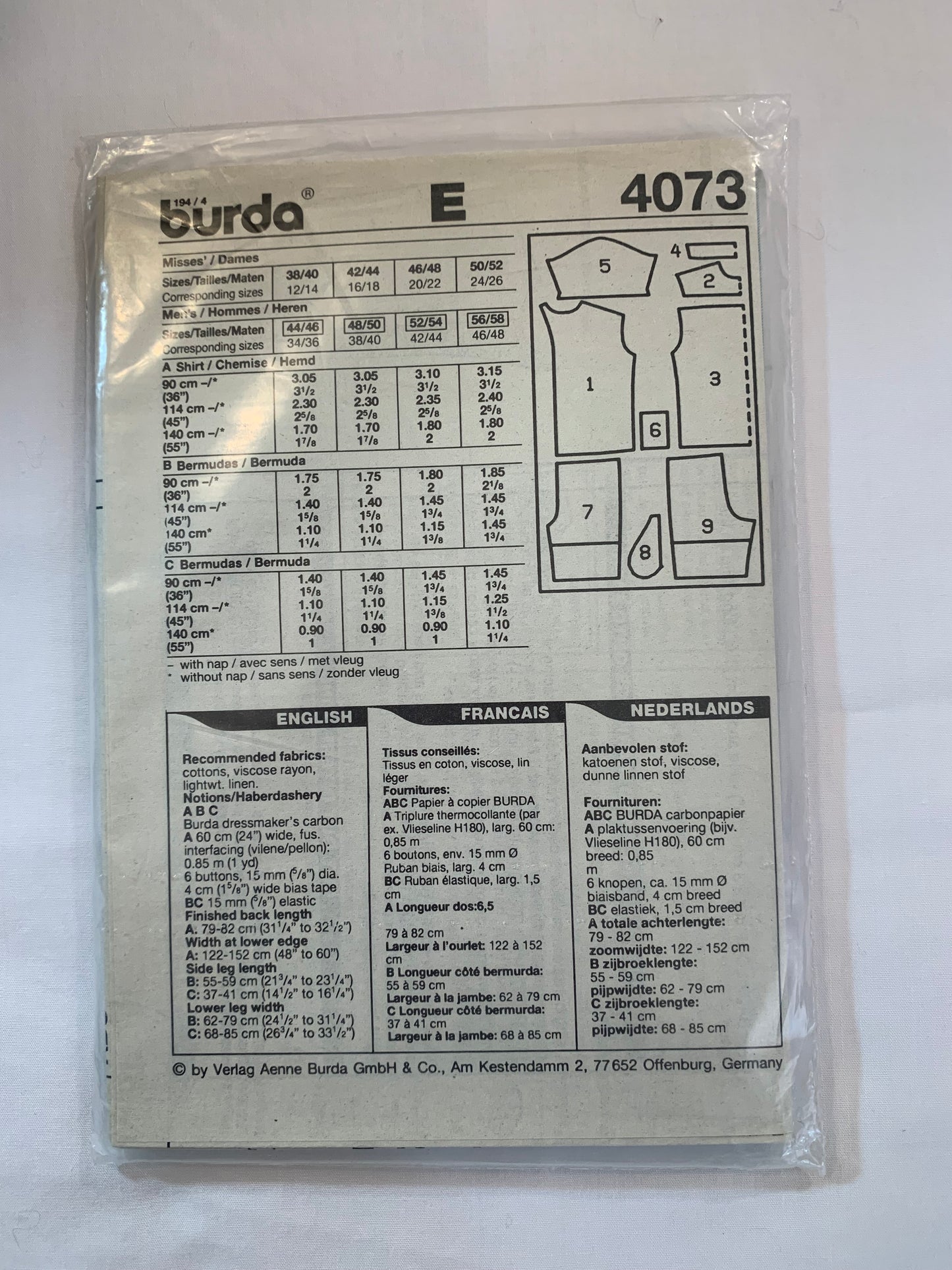 Burda Sewing Pattern 4073 Misses'/Men's Shirt, Shorts, Two Lengths, Short Sleeves, Pockets, Button Front, Elastic Waist, Size 12-26, Uncut, 2000
