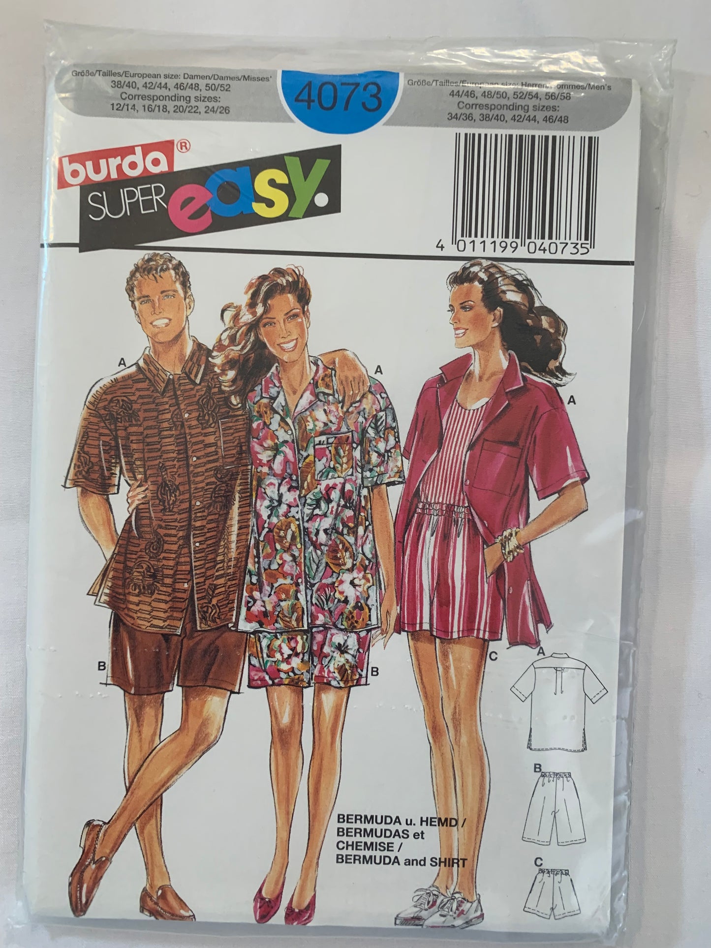 Burda Sewing Pattern 4073 Misses'/Men's Shirt, Shorts, Two Lengths, Short Sleeves, Pockets, Button Front, Elastic Waist, Size 12-26, Uncut, 2000