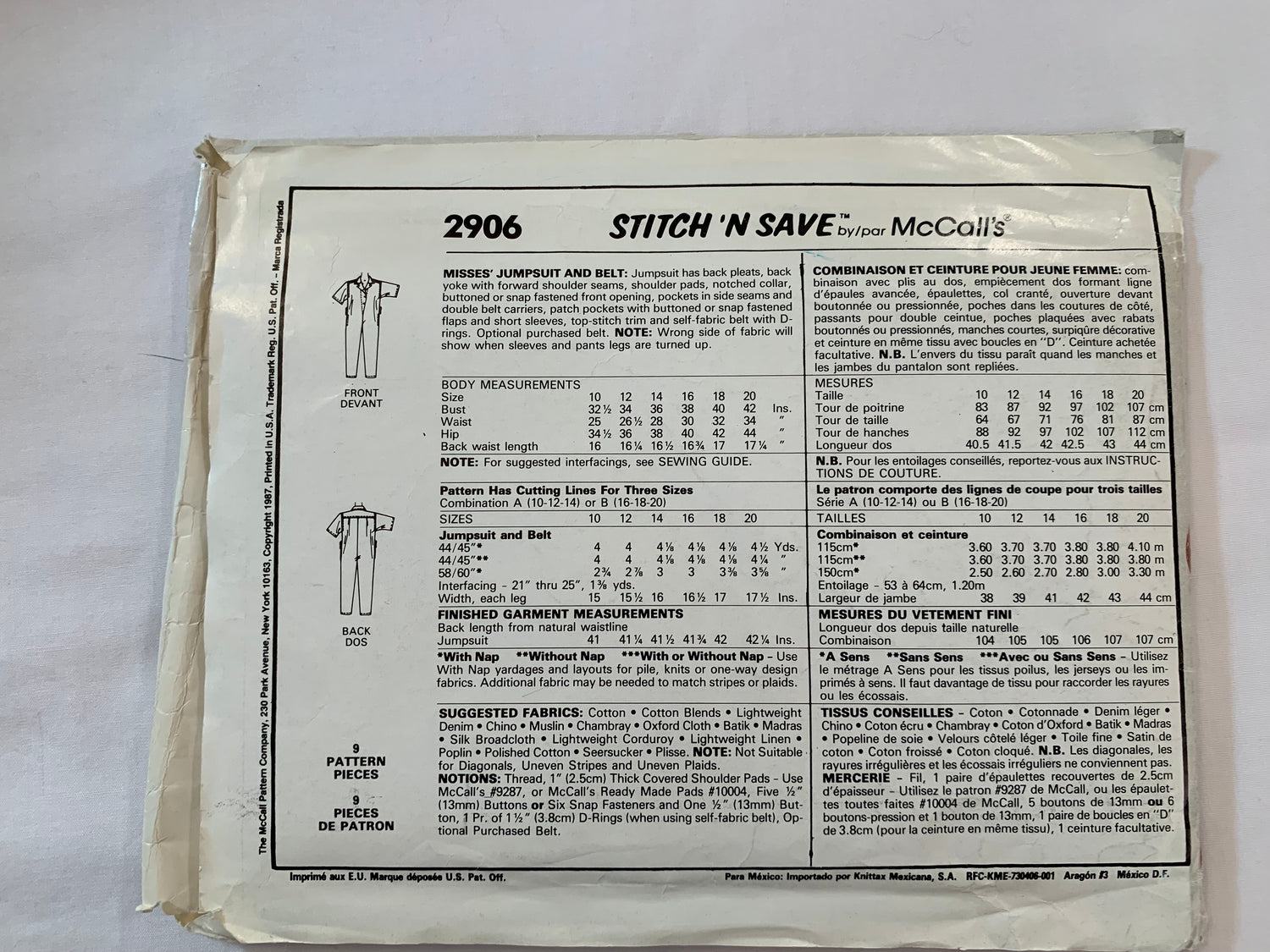 McCall's Sewing Pattern Stitch 'N Save 2906 Misses' Jumpsuit, Belt, Pleats, Shoulder Pads, Collar, Button front, Pockets, Size 16-20, Uncut, Vintage 1987