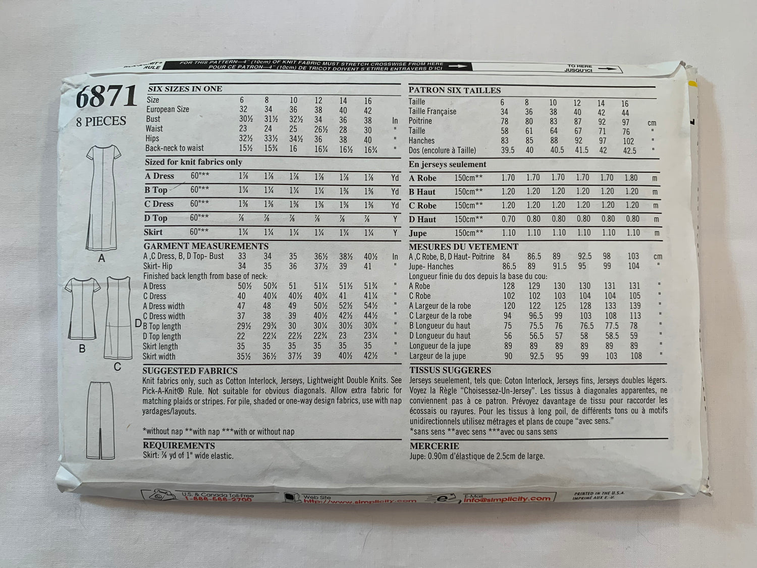 Simplicity New Look Sewing Pattern 6871 Misses' Dresses, Skirts, 4 Variations, 3 Lengths, Short Sleeves, Sleeveless, Pullover, Size 6-16, Uncut, 2009
