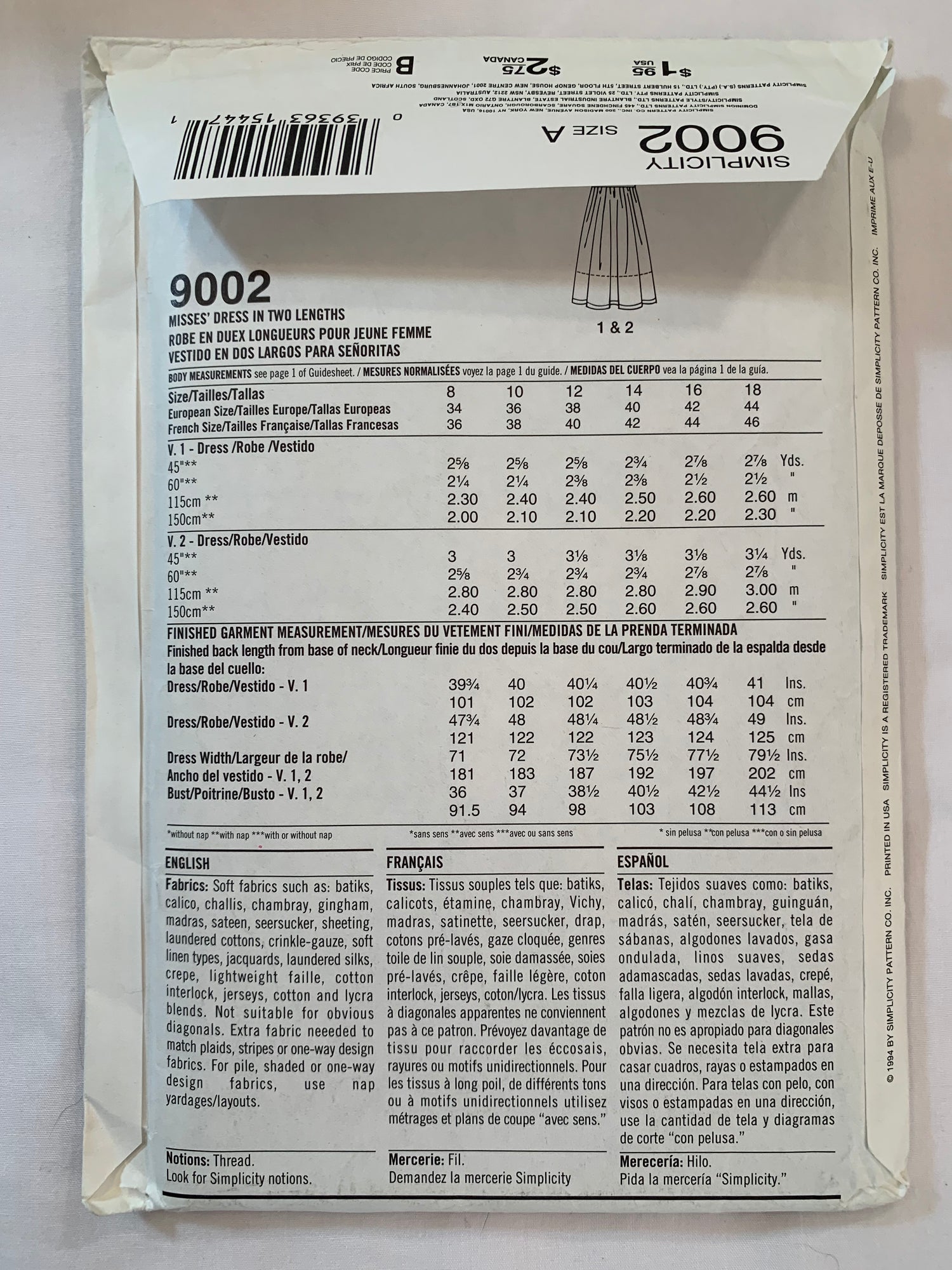 Simplicity Sewing Pattern 9002 Misses' Dresses, Two Lengths, Pullover, Full Skirt, Sleeveless, Gathered Waist, Size 8-18,Uncut, Vintage 1994