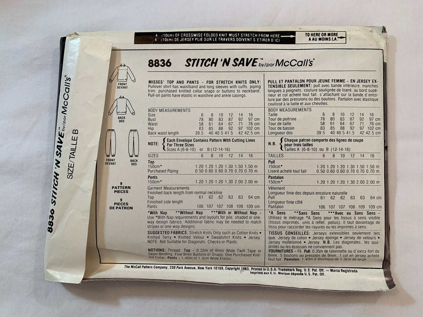 McCall's Sewing Pattern Stitch 'n Save 8836 Misses' Top, Pants, Stretch Knits Only, Pullover, Long Sleeves, Elastic Waist, Size 12-16, Uncut, Vintage 1983